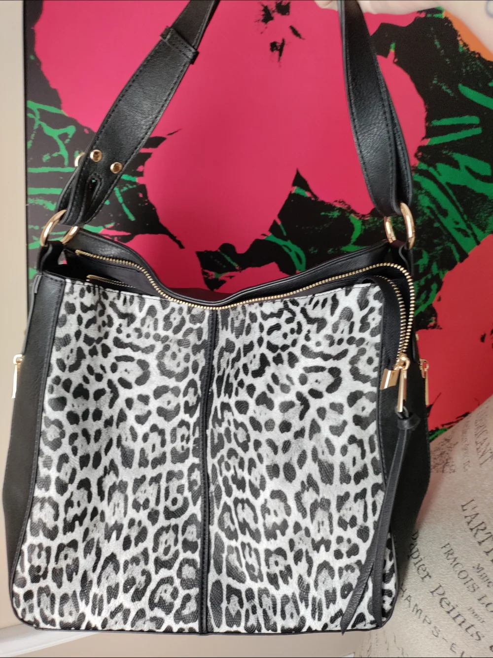 NWOT Maya Leopard Print Black & White Hobo Bag